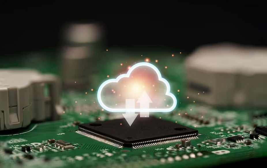 Computer chip beneath cloud logo.