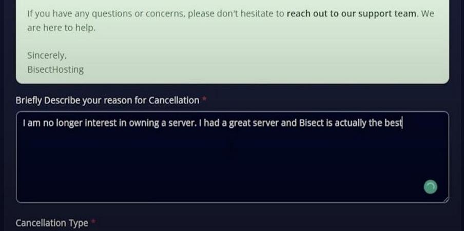 Writing reason for Bisect Hosting Server cancellation screenshot